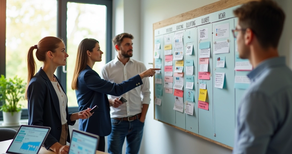 Equipe ajusta quadro kanban colorido representando etapas do pipeline de vendas 