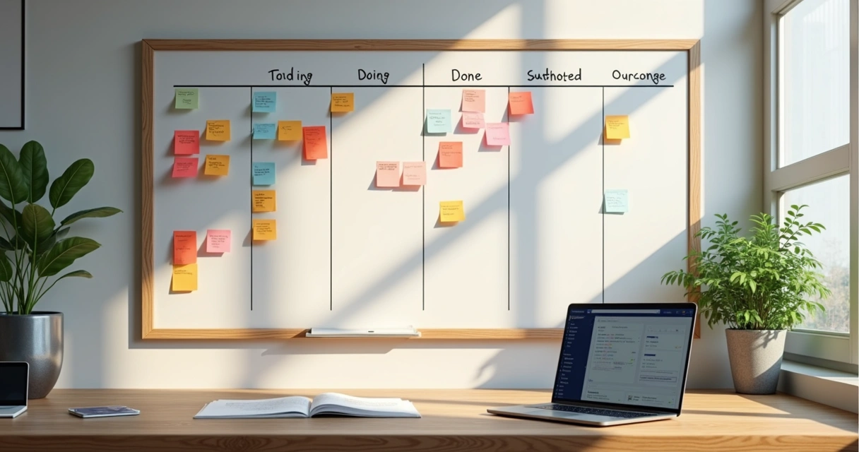 Quadro kanban desenhado em quadro branco com post-its organizados em colunas 