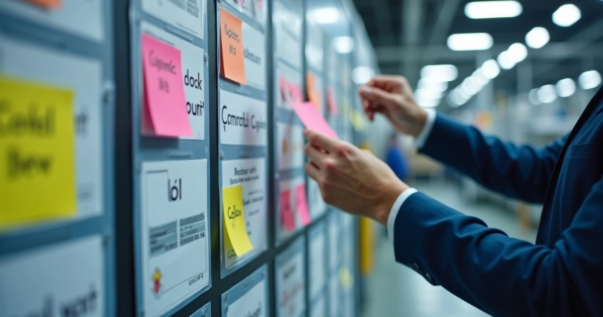 Quadro Kanban com cartões em processo industrial 