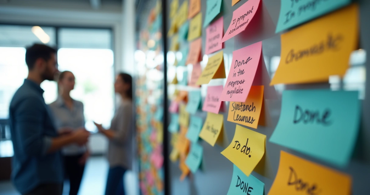 Quadro Kanban com tarefas de projeto organizadas em colunas 