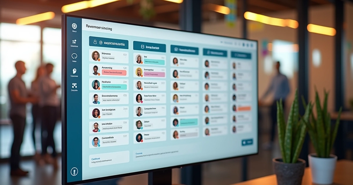 Quadro Kanban de projeto construído no Notion, mostrando tarefas distribuídas em etapas. 