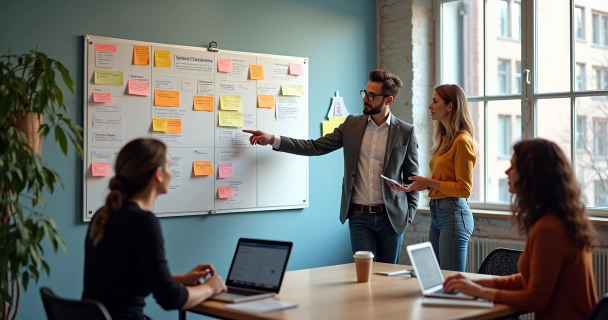 Equipe usando quadro kanban para planejar tarefas em escritório moderno 