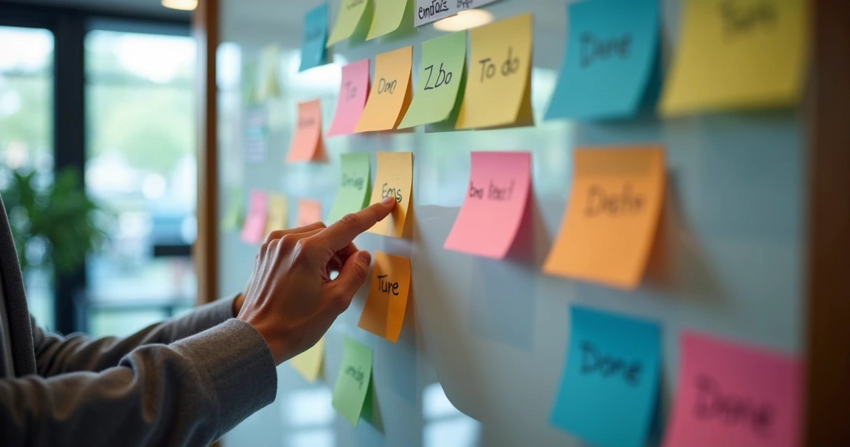 Quadro Kanban com tarefas de reunião organizadas coladas em post-its coloridos. 