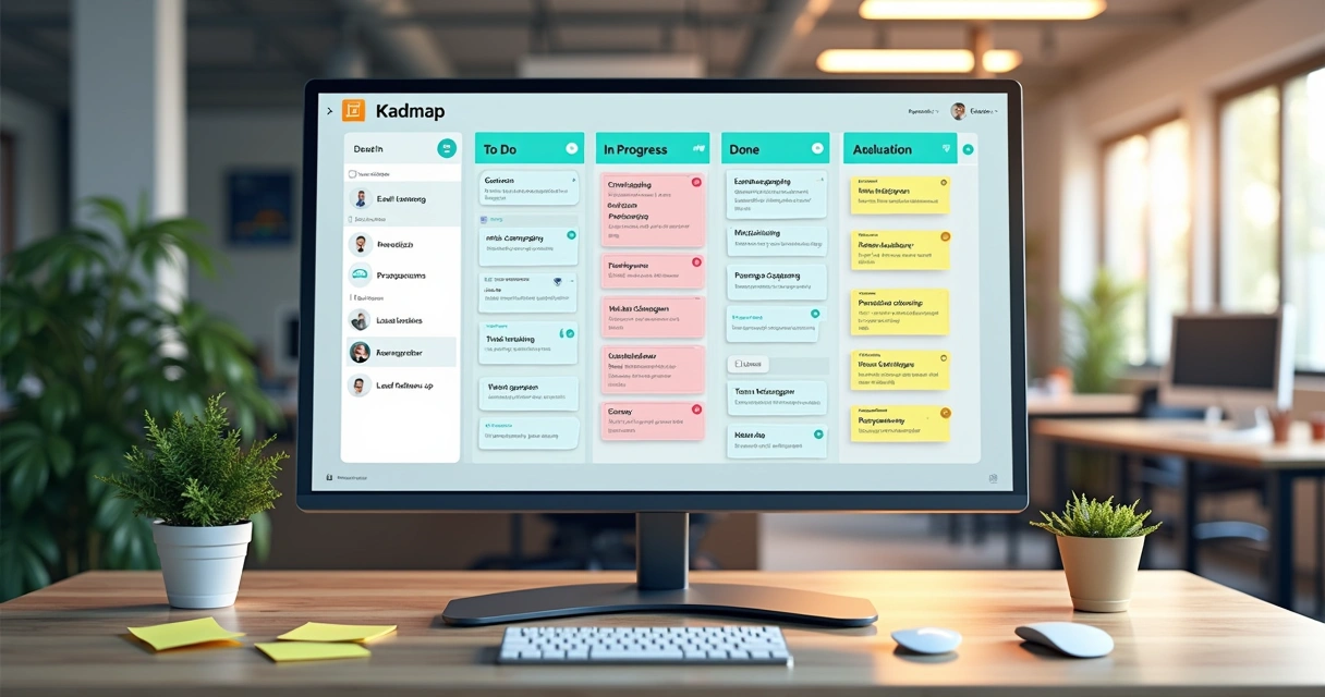 Quadro kanban digital com planos de roadmap de vendas e marketing