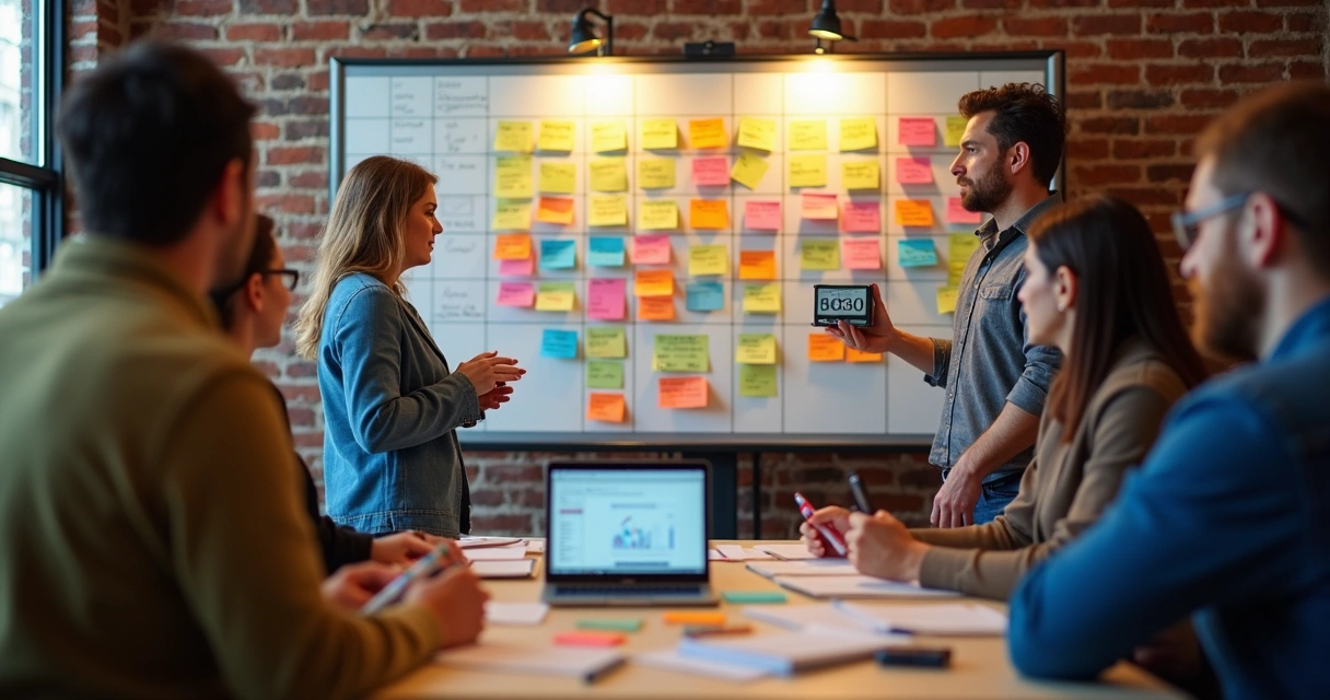 Quadro Kanban colorido em sala de workshop 