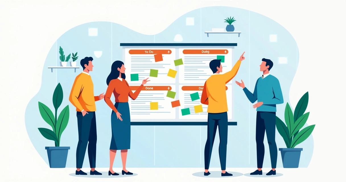 Quadro Kanban colorido com cards de tarefas em equipe Scrum 