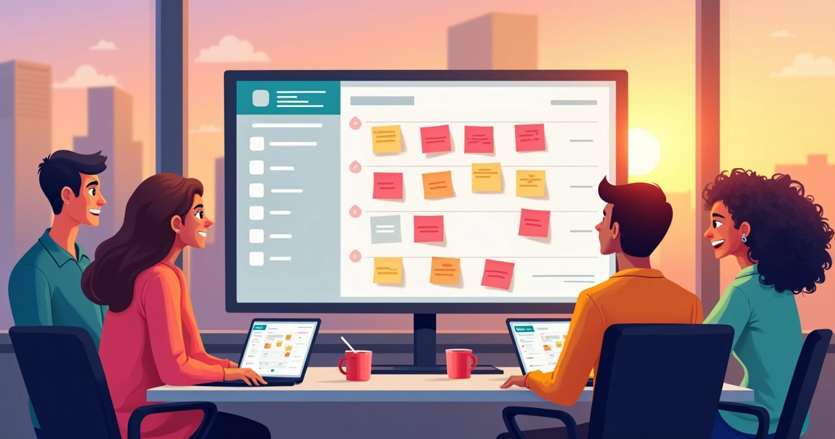 Grupo analisando quadro kanban cheio de tarefas concluídas 