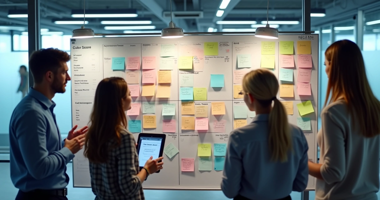 Equipe analisando quadro Kanban com colunas e cartões coloridos. 