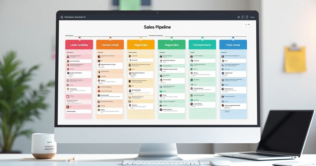 Quadro Kanban para vendas com listas de etapas e cartões representando oportunidades.