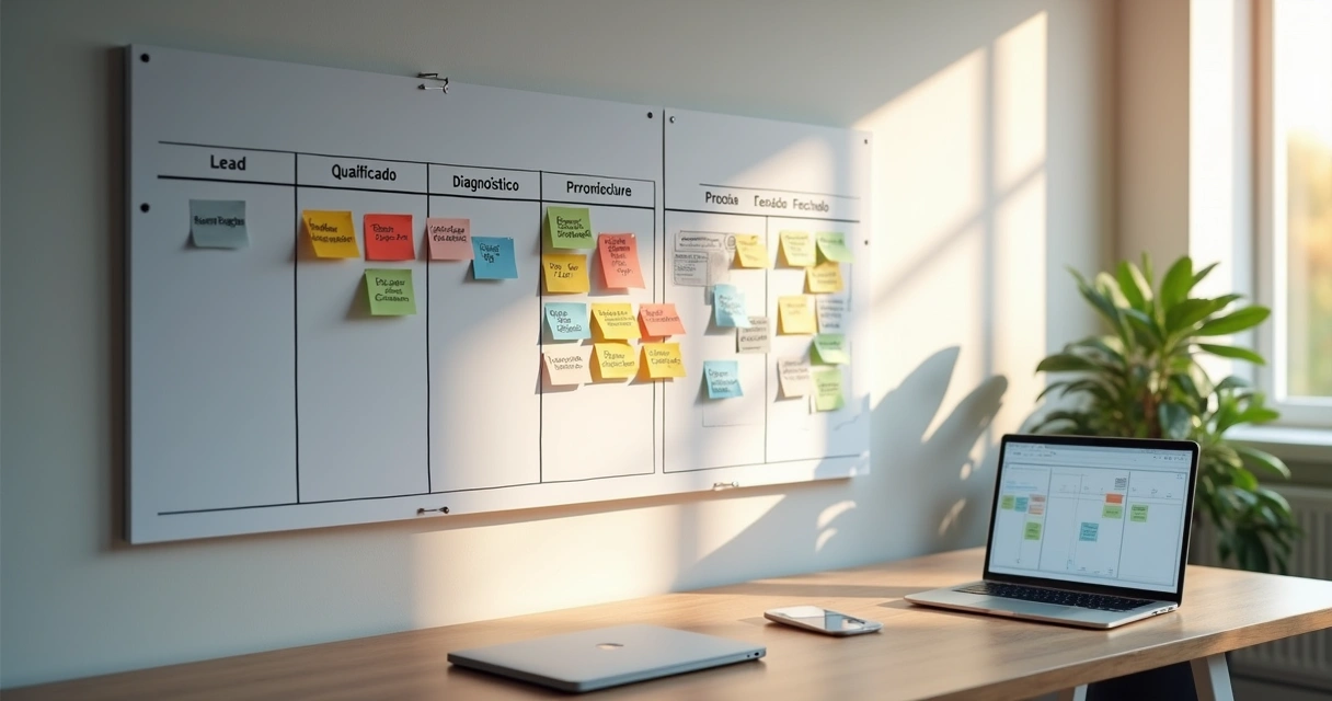 Quadro kanban com etapas do funil 