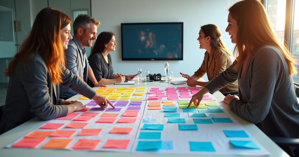 Matriz de sentimentos colorida em quadro, amigos olhando juntos