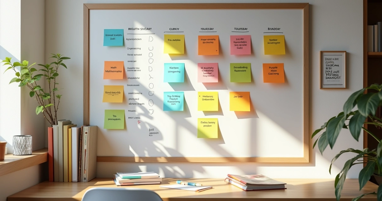 Quadro de metas semanais com post-its coloridos 