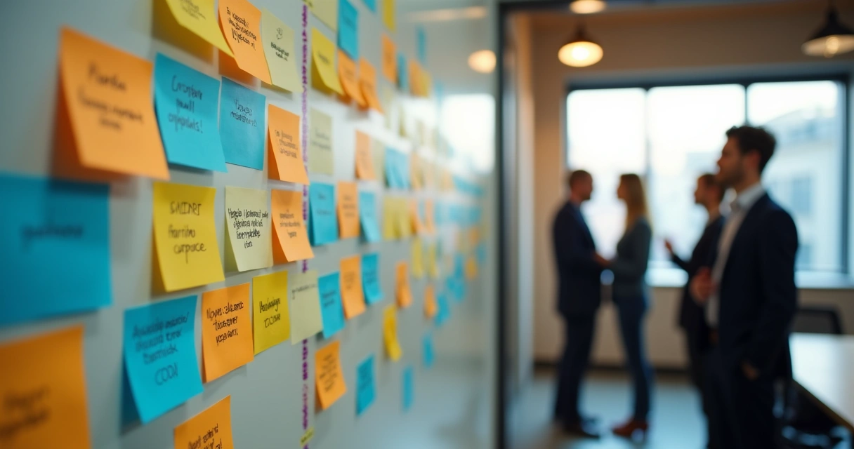 Mural com post-its e conexões sobre valores e histórias da equipe 