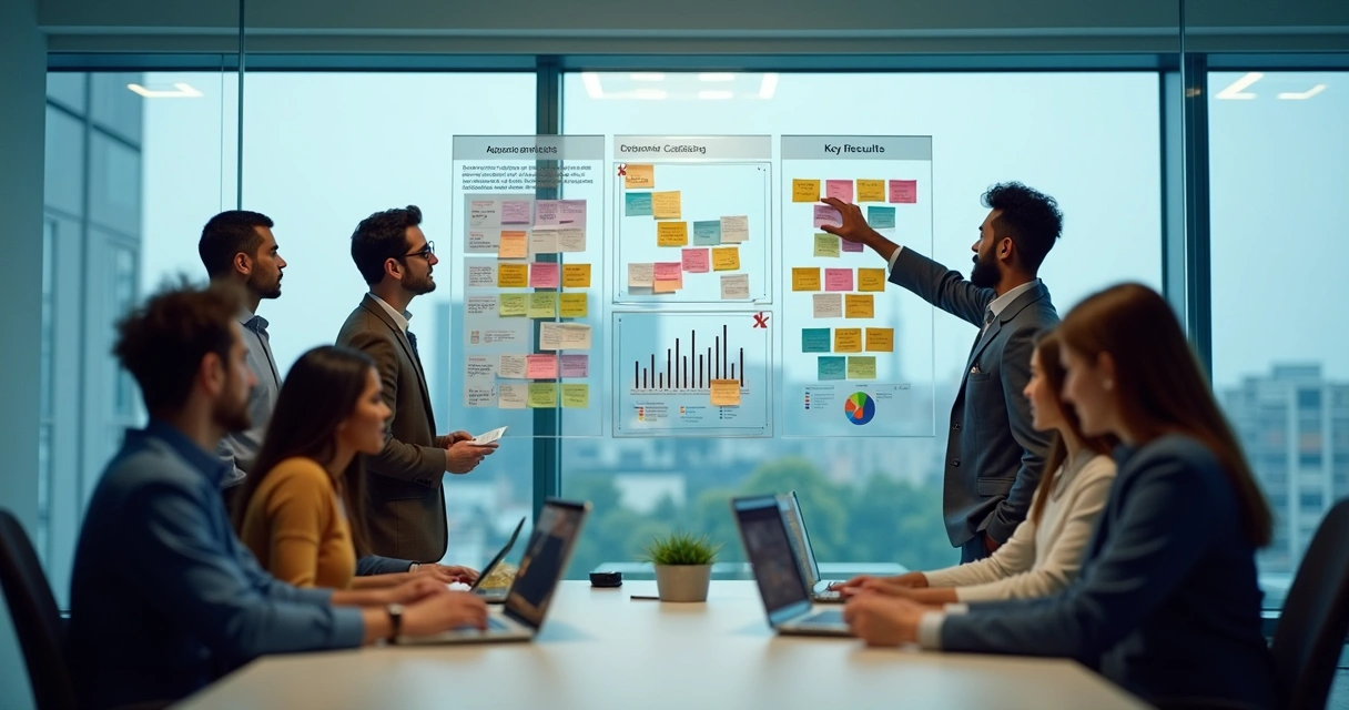 Equipe analisando quadro com objetivos e resultados-chave 
