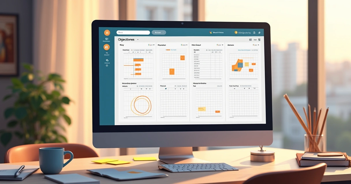 Quadro digital OKR construído no Notion exibindo metas e resultados-chave 