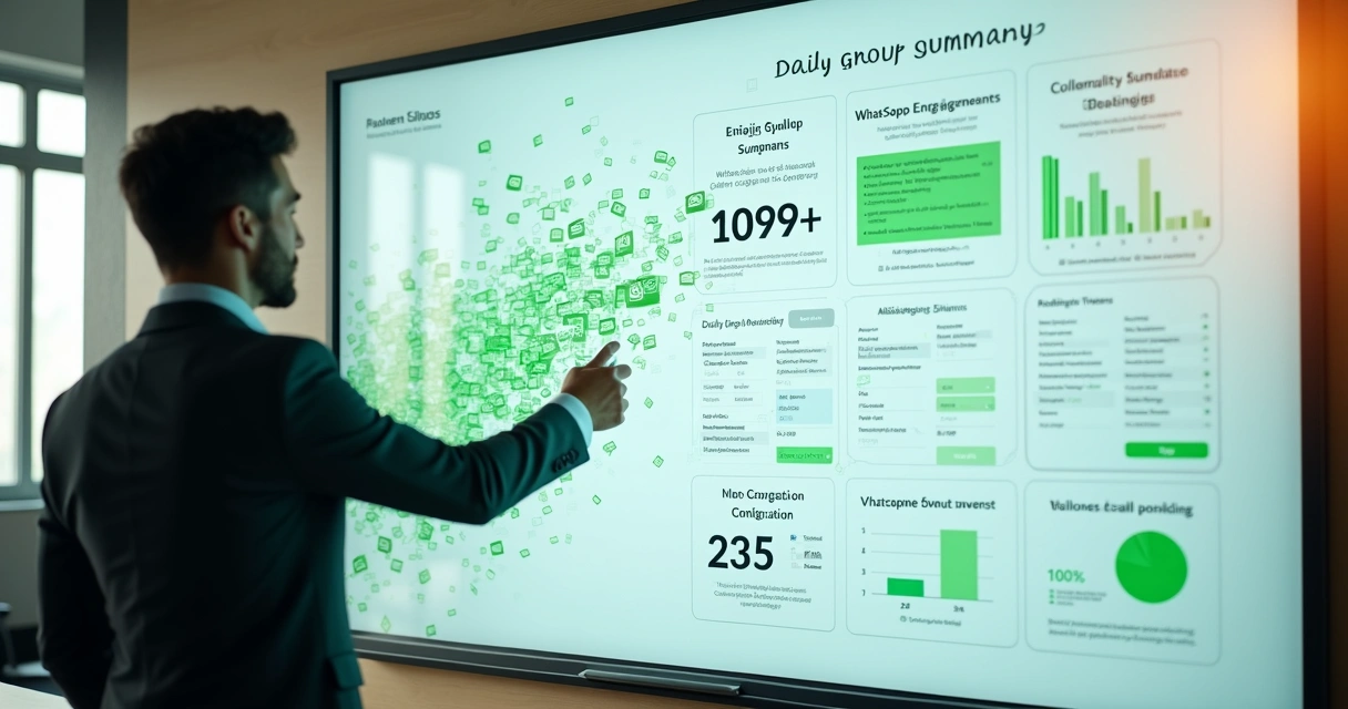 Quadro digital organizando conversas de grupos de WhatsApp em blocos de resumos claros 