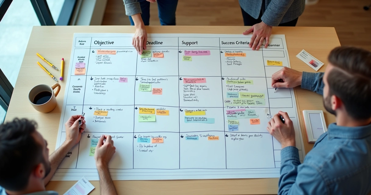 Quadro planner de PDI com colunas para objetivo, ação, prazo, revisão 