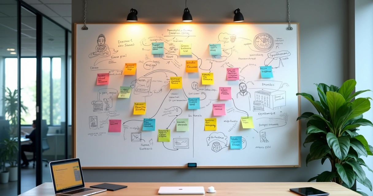 Quadro branco com mapa de persona, post-its coloridos e dados de cliente na parede de escritório 