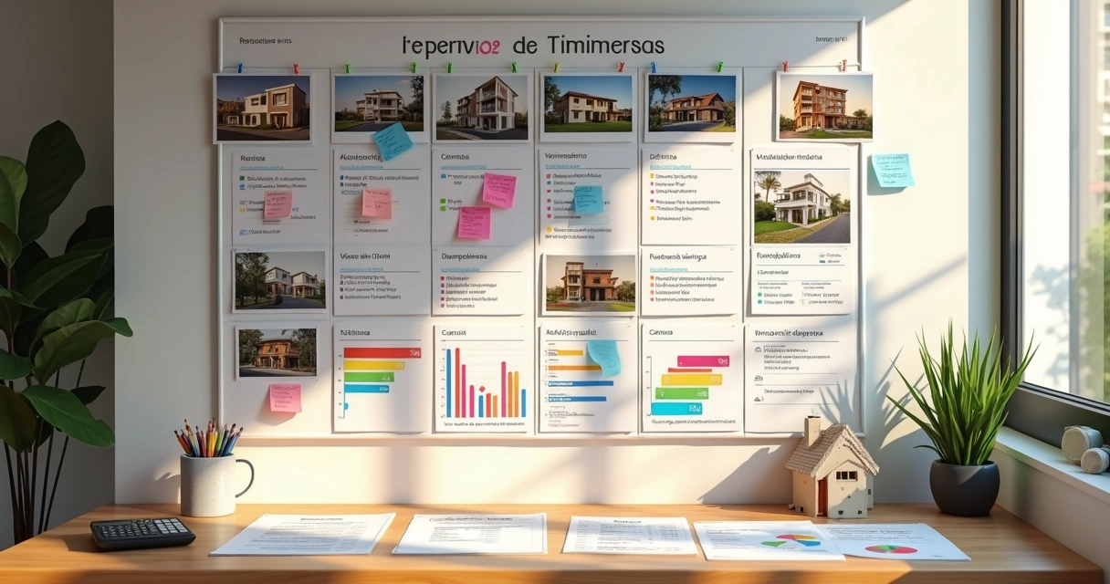 Quadro de planejamento financeiro com imóveis, gráficos e planilhas coloridas na parede 