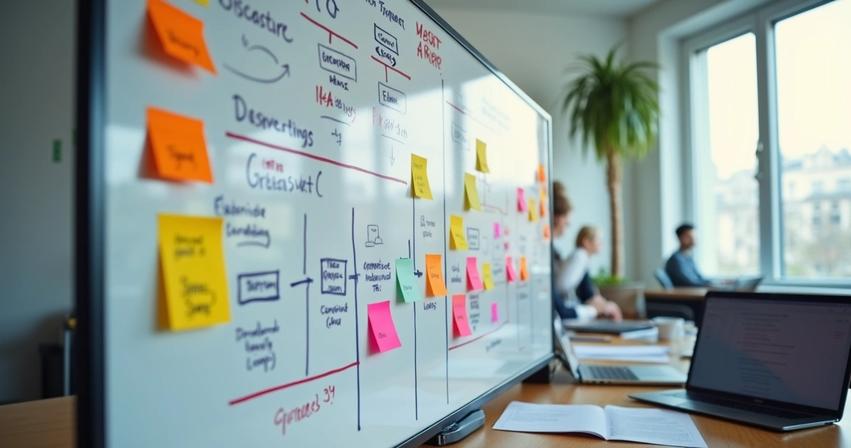 Quadro de planejamento de disaster recovery com anotações em post-its e fluxogramas 