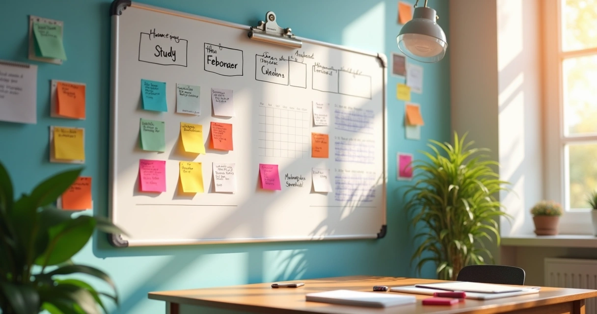 Quadro branco organizado com cronograma de estudos e post-its coloridos 