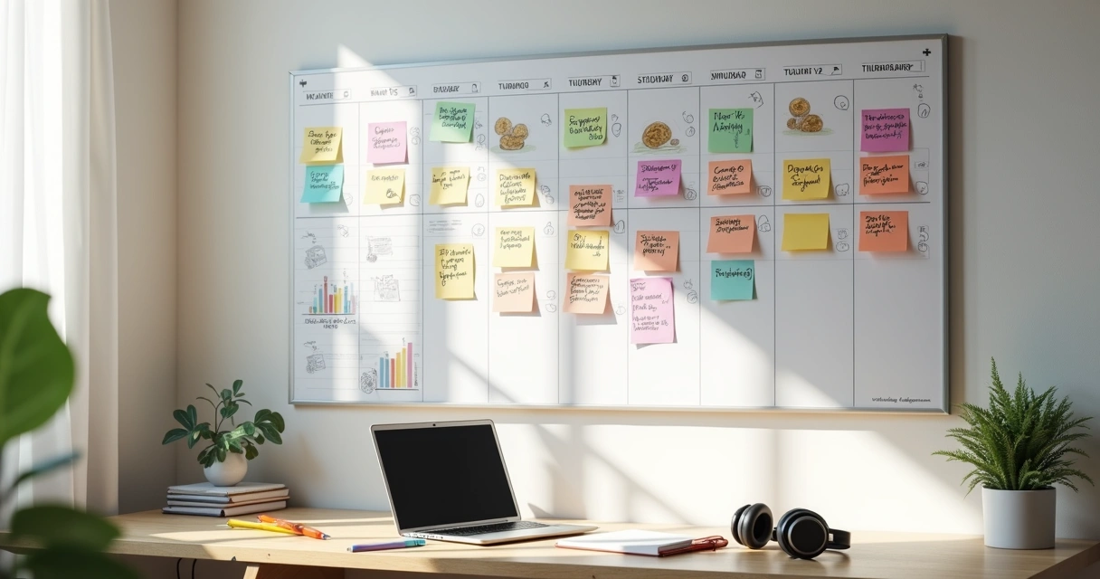 Quadro de planejamento semanal de estudos para provas da ANBIMA com adesivos coloridos 