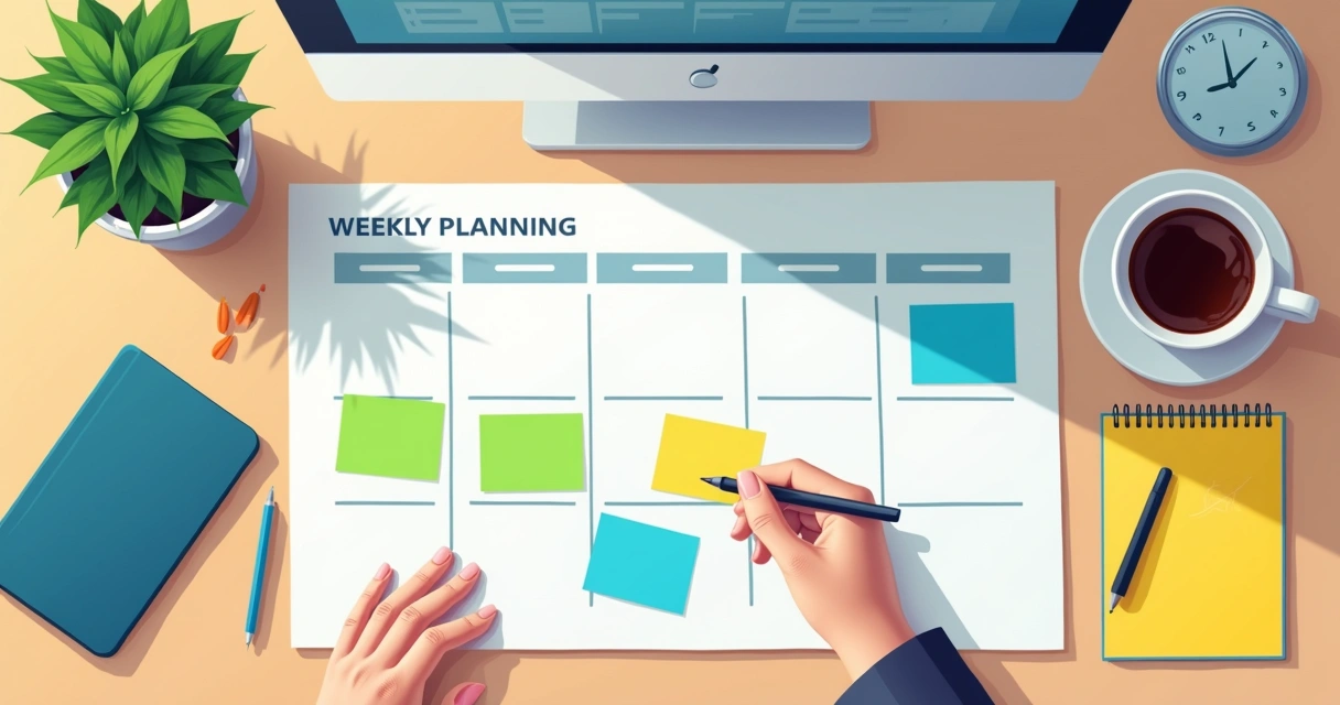 Quadro de planejamento com horários, tarefas e lembretes coloridos