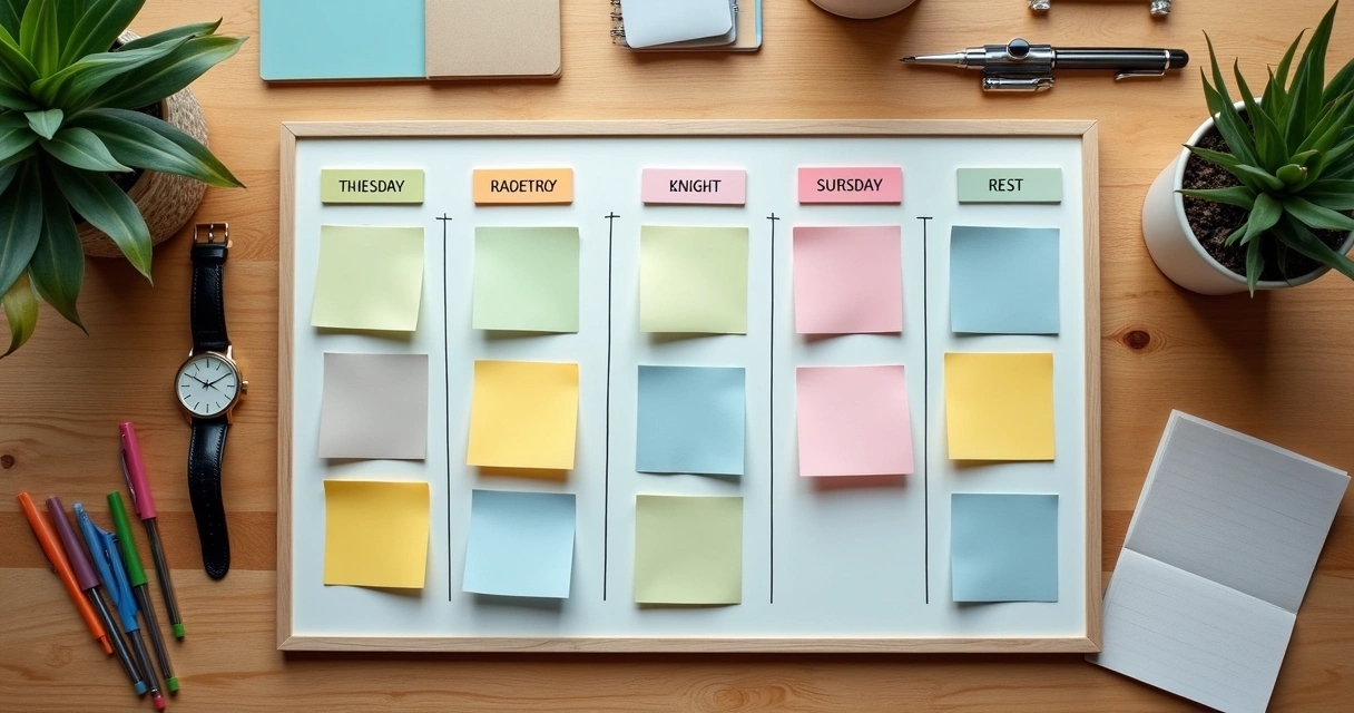 Quadro de planejamento semanal com post-its coloridos e horários marcados 