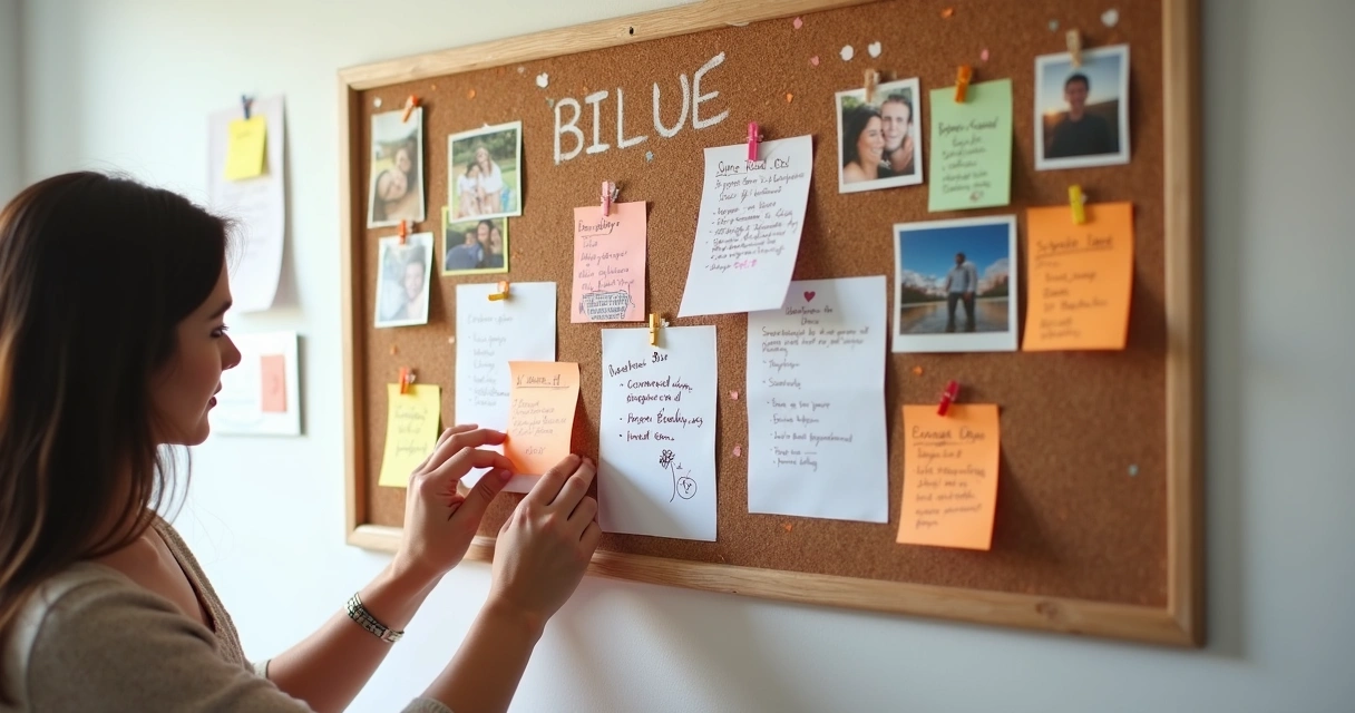 Quadro de planejamento com fotos, notas e metas de casal 