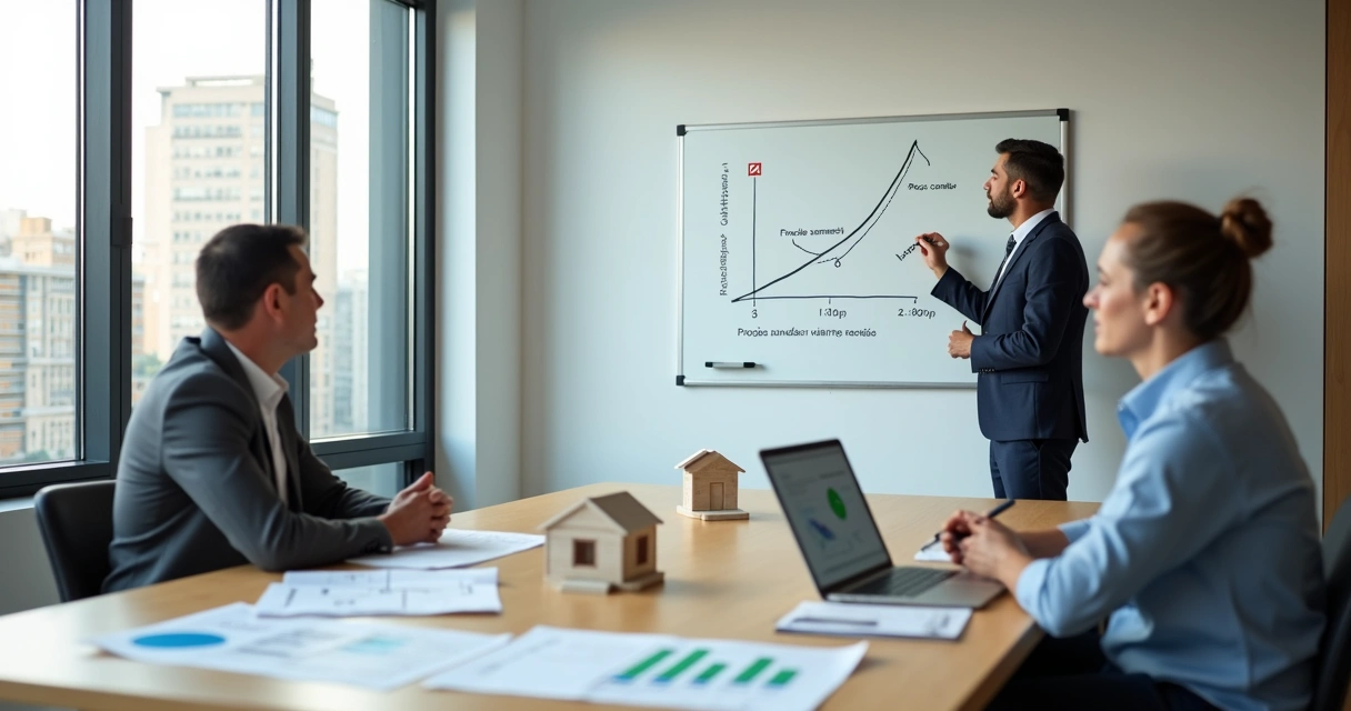 Corretor ajustando preço de anúncio em quadro branco ao lado de planta de imóvel 