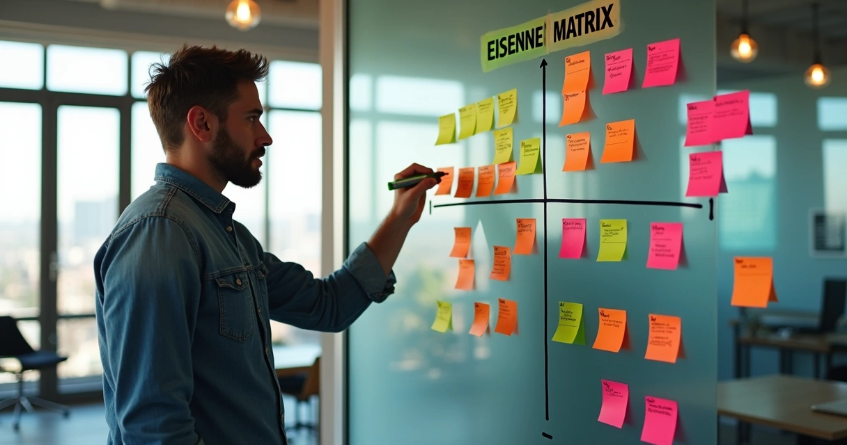 Quadro de prioridades dividido entre urgente e importante, com post-its coloridos em cada quadrante 