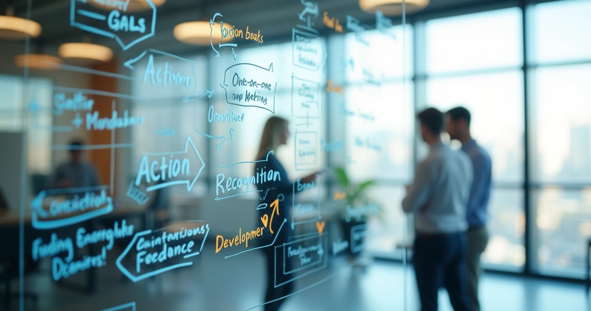 Quadro com processo de feedback e metas da equipe 