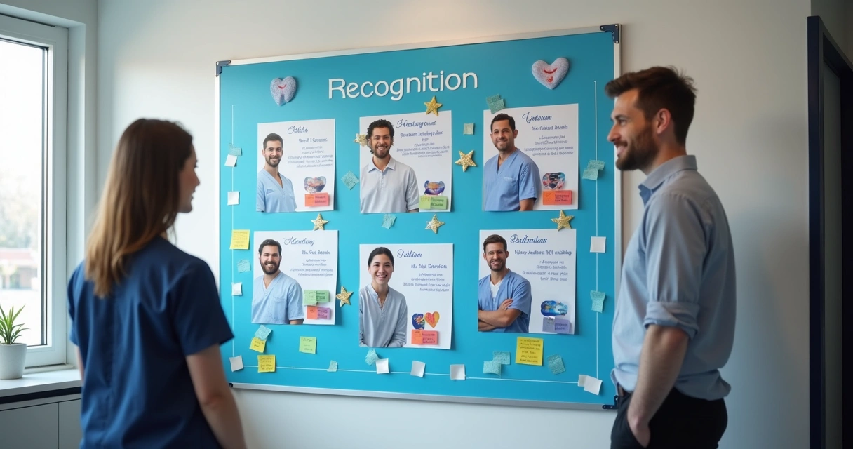 Quadro de reconhecimento de equipe odontológica com fotos e resultados do mês. 