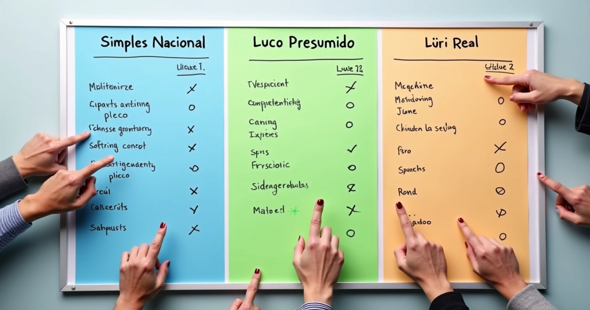 Quadro colorido mostrando diferenças entre Simples Nacional, Lucro Presumido e Lucro Real 