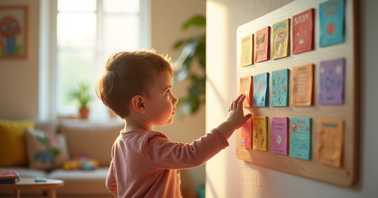 Quadro visual de rotina infantil fixado na parede da sala com ícones coloridos 