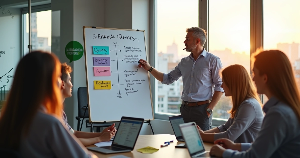 Gestor apresentando quadro de script de vendas para equipe em treinamento 