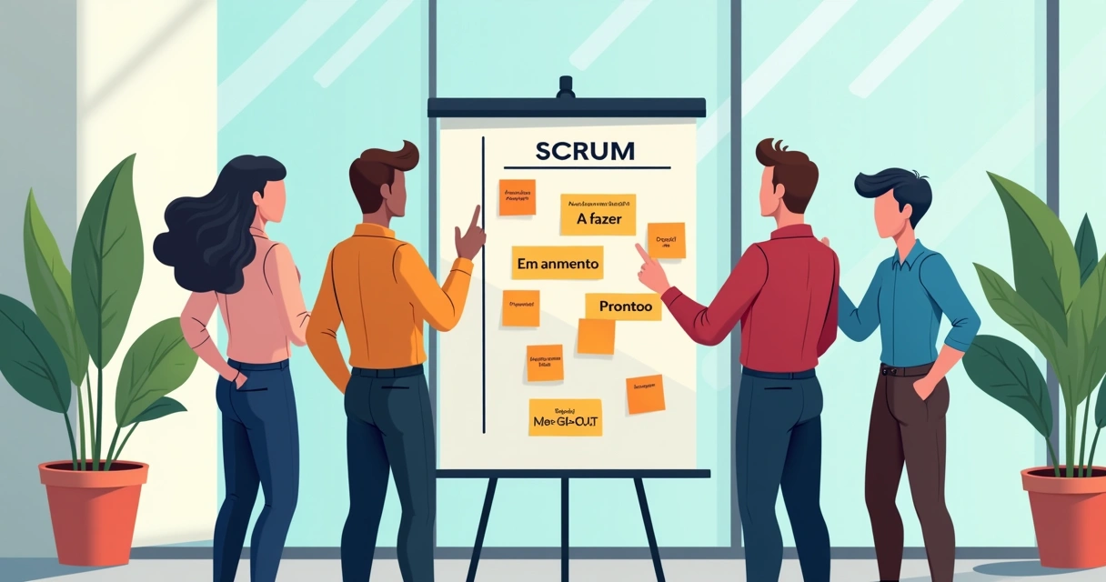Time discutindo progresso usando quadro Scrum com tarefas destacadas. 