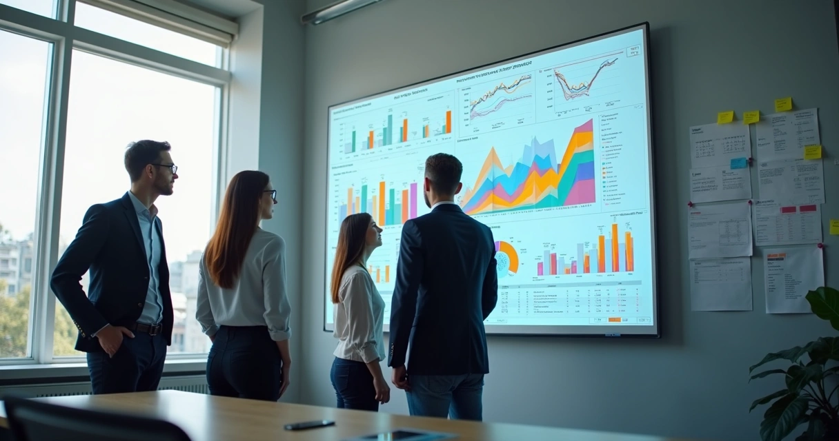 Equipe de pré-venda acompanhando métricas SDR em painel digital 