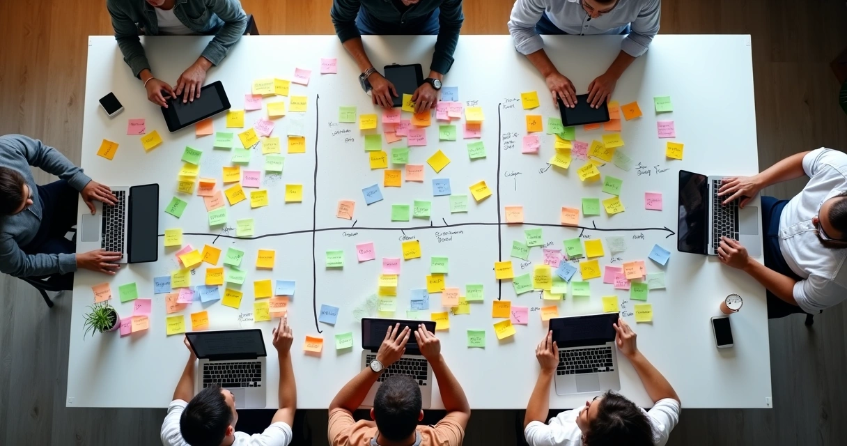 Vista aérea de quadro branco com squads de e-commerce conectados por post-its coloridos 