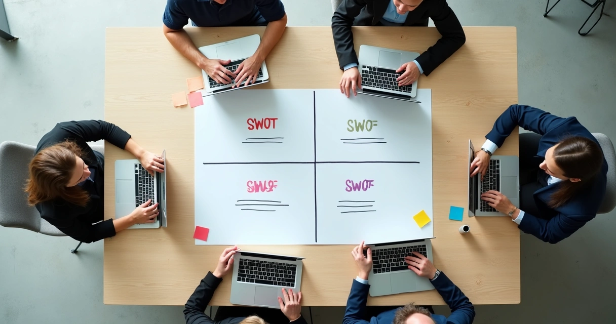 Quadro SWOT em reunião de equipe visto de cima. 