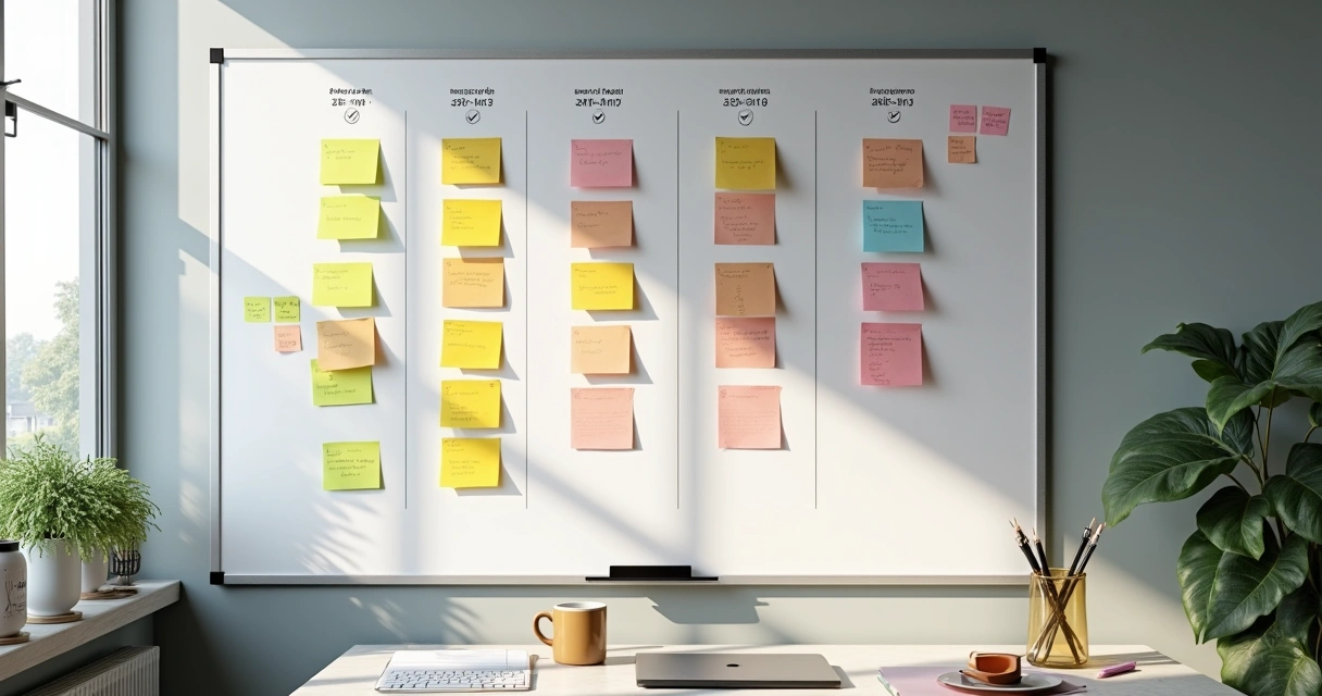 Quadro branco com divisão de tarefas, ciclos e cronogramas 