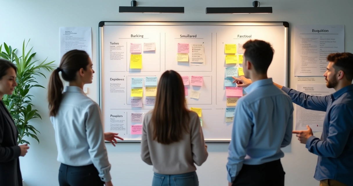 Quadro branco exibe tarefas de onboarding de franquia para diferentes equipes 