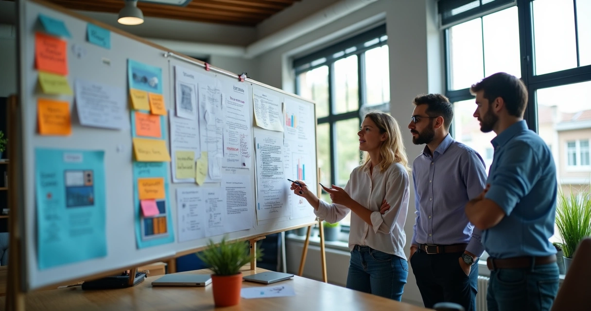 Equipe de marketing analisando quadro de tarefas em agência contemporânea 