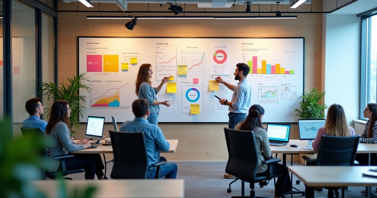 Quadro branco com gráficos, post-its e marcações de testes A/B
