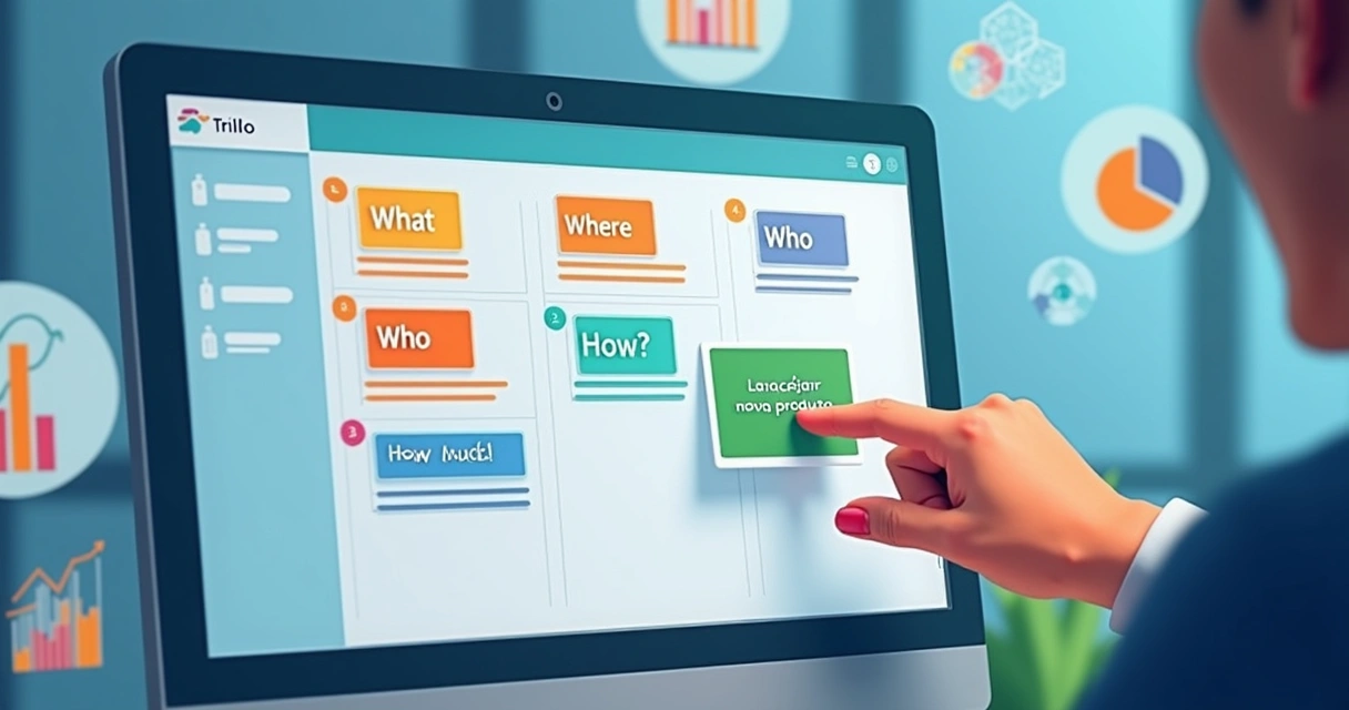 Quadro Trello colorido com cartões organizando ações de vendas com colunas 5W2H. 