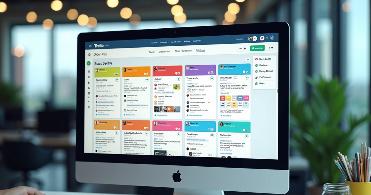 Quadro Trello digital organizado com listas coloridas para planejamento de conteúdo. 