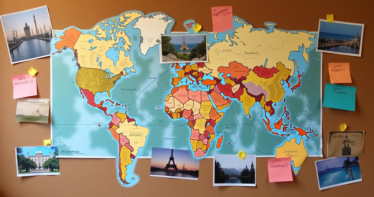 Quadro mostrando mapas de destinos e cartões 