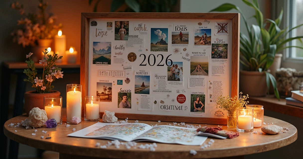 Quadro visionário com imagens de metas para 2026 sobre mesa com velas e cristais 