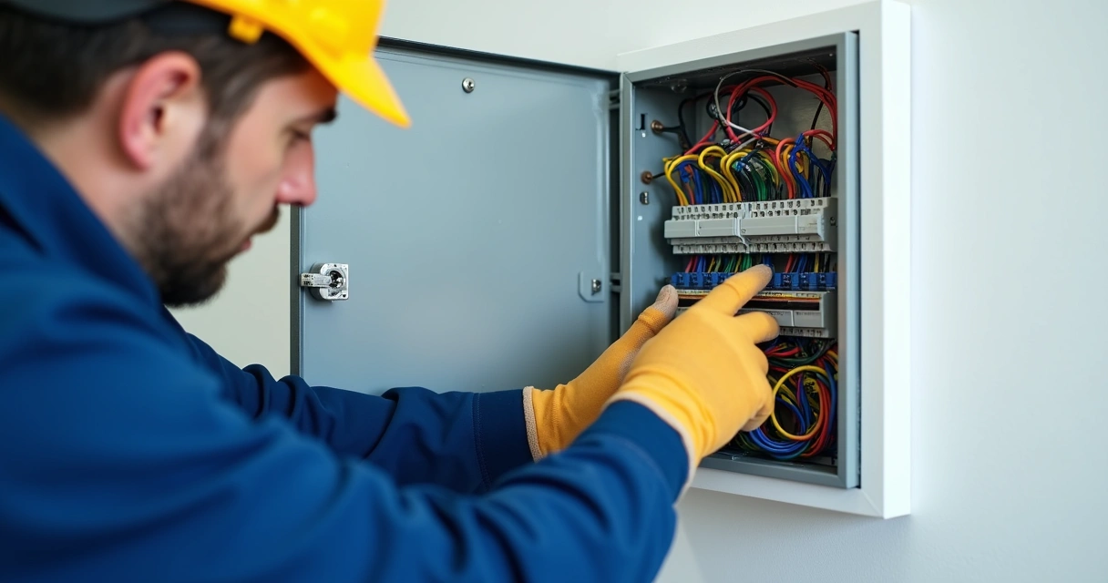 Técnico instalando quadro elétrico em parede clara 