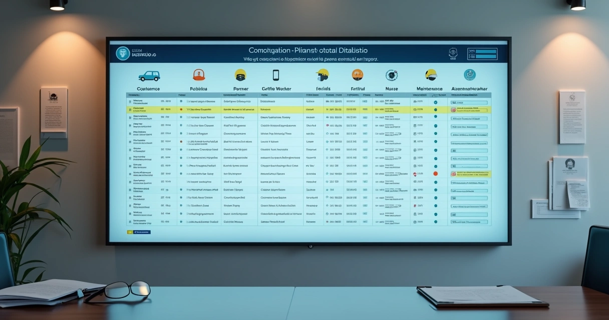 Painel digital exibe laudos de exames por função ao lado de ícones de diferentes profissões 
